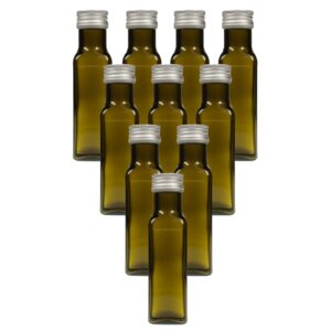 10x leere Glasflasche 100 ml / 250 ml braun-grün eckig mit Schraubdeckel und Etiketten - mikken