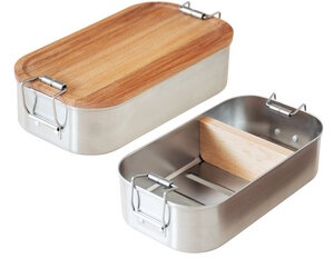 EDELSTAHL Lunchbox mit Deckel und Trennsteg aus heimischem Buchen Holz - Cameleon Pack