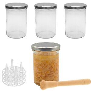 Fermentier Set - 4 x Fermentierglas mit Fermentier Gitter, Holzstößel und Deckel PVC-frei - mikken