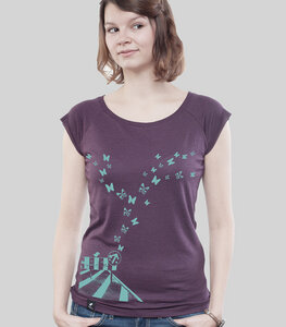 Bamboo Raglan Shirt Women Aubergine "Butterflies" - SILBERFISCHER
