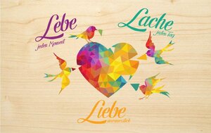 Bunte Holz-Grußkarte "Lebe Liebe Lache " - Biodora